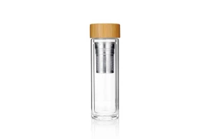 Botella de agua de vidrio borosilicato doble pared tapa de bambú 400ml con filtro de té dentro de